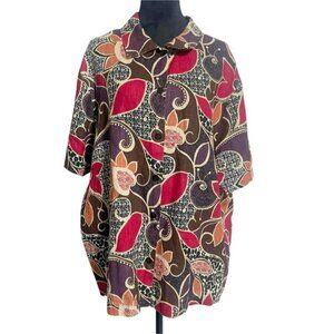 Hot Cotton Size 1X Linen Top Blouse Button Down Collared Colorful Boho Lagenlook
